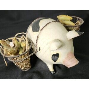 Vintage Folk Art Pig With Vegetable Baskets Rustic Farmhouse